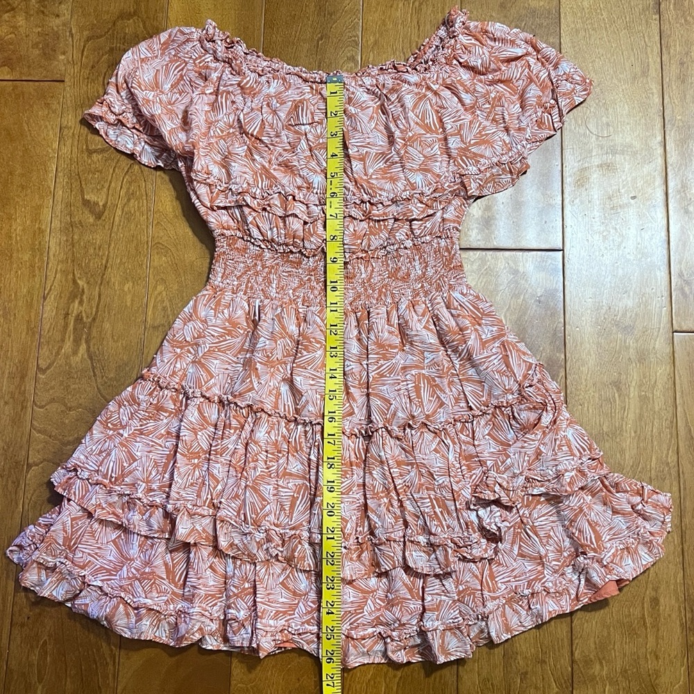 Forever 21 Off Shoulder Mini Dress Size Large Coral Floral Smocked Boho Beach - Picture 7 of 10